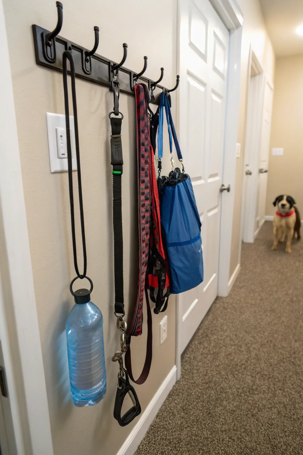 A practical door rack for organizing dog walking essentials, saving precious space.