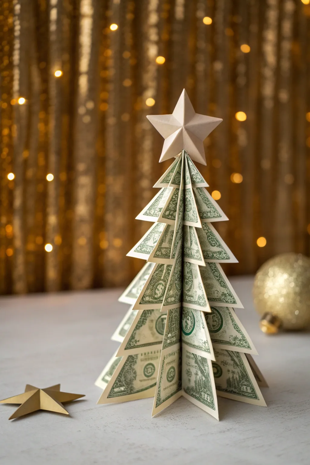 Illuminate your holiday decor with a touch of luxury: a dollar bill origami tree against a golden glow.