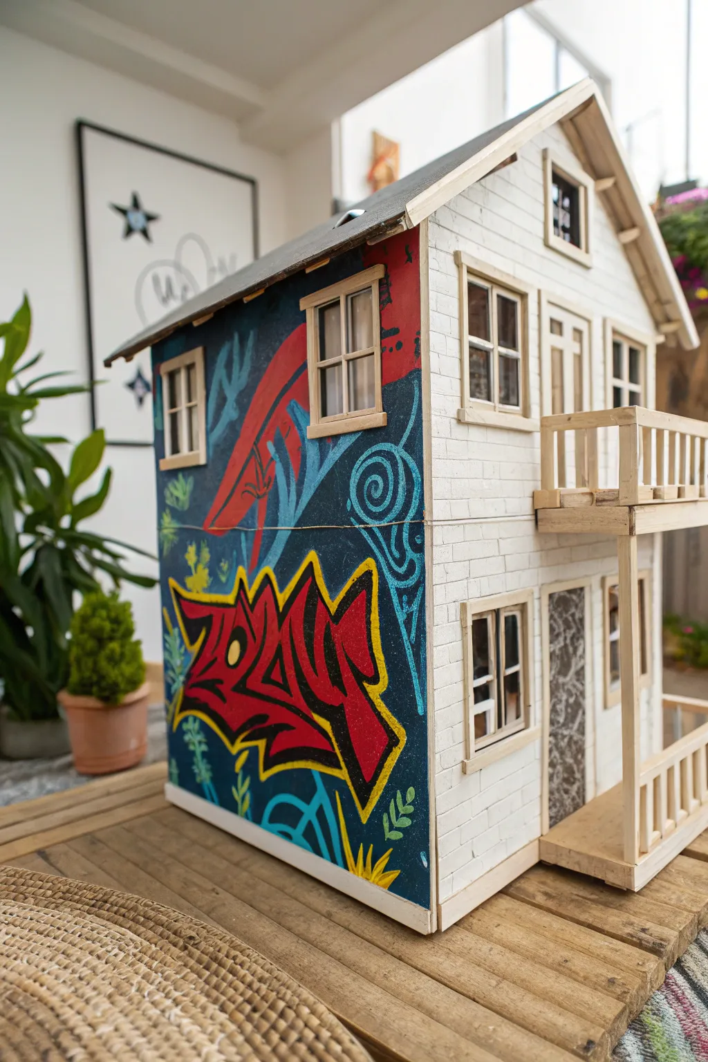 Transform your dollhouse with a splash of urban graffiti magic, blending bold artistry with minimalist elegance.