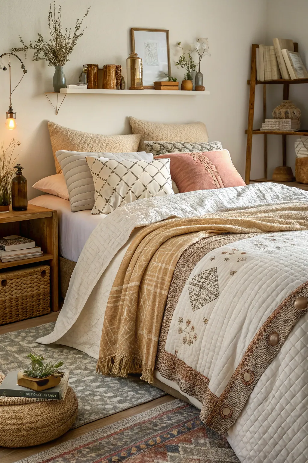 Layered textures in bedding and decor add depth and interest to the bedroom.
