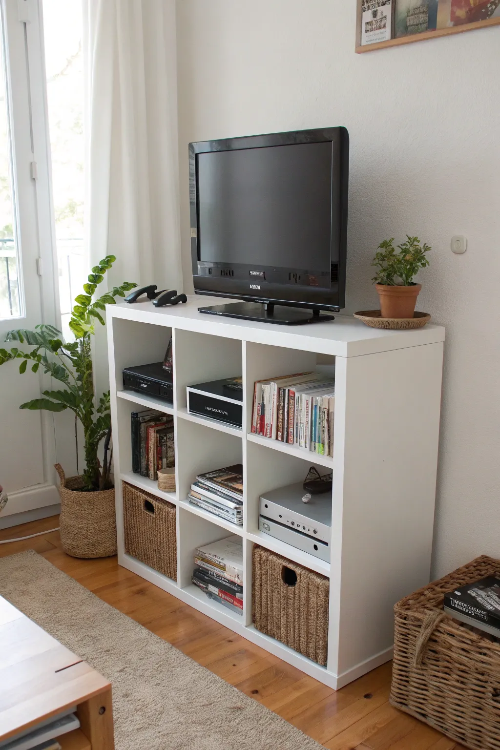 Transform your dorm room into a stylish mini-theater with this DIY entertainment center hack. 🌿✨ #DormDecor #ScandiBoho