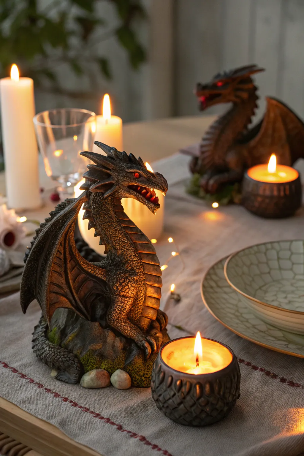 Dragon candle holders create a mystical ambiance.