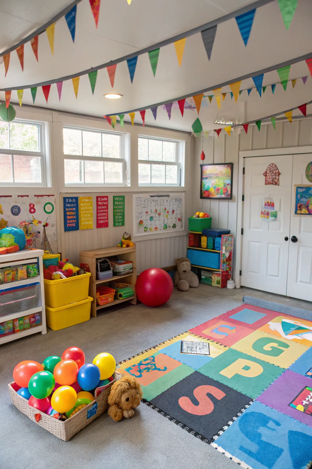 A garage playroom with colorful decor and toys for kids.