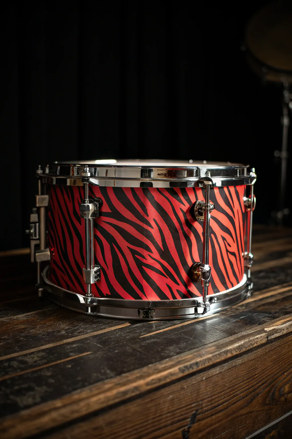 Unleash your wild side with a bold zebra print drum wrap, turning your kit into a striking centerpiece.
