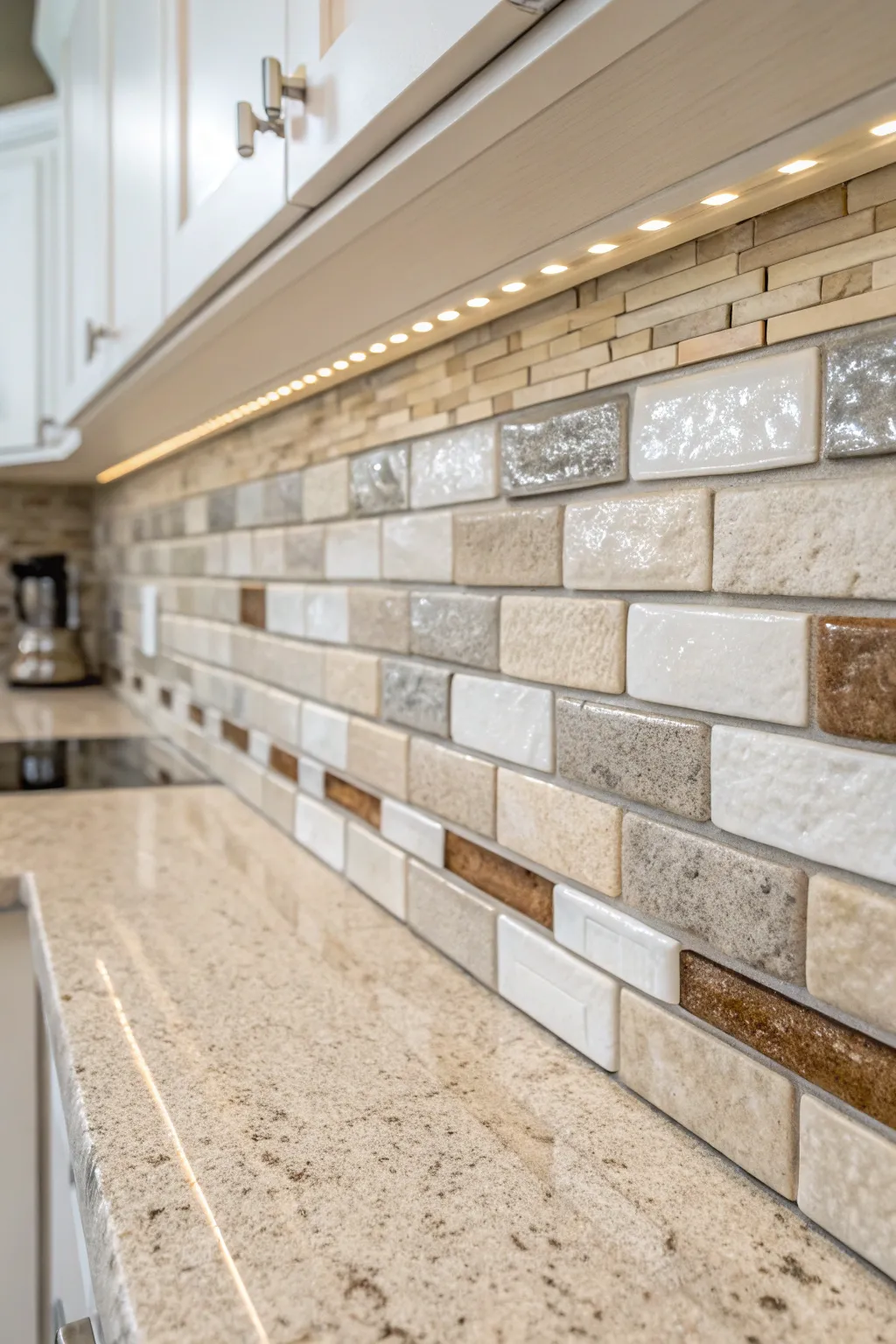 Transform your kitchen with a stunning mix of textures. Discover the harmony of glass and stone for a backsplash that speaks elegance and simplicity.