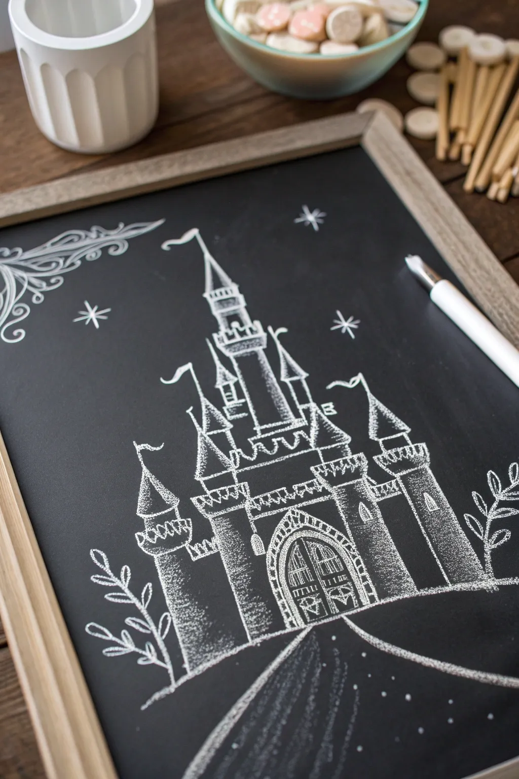 Enchant your imagination with this minimalist fairytale castle chalk drawing.