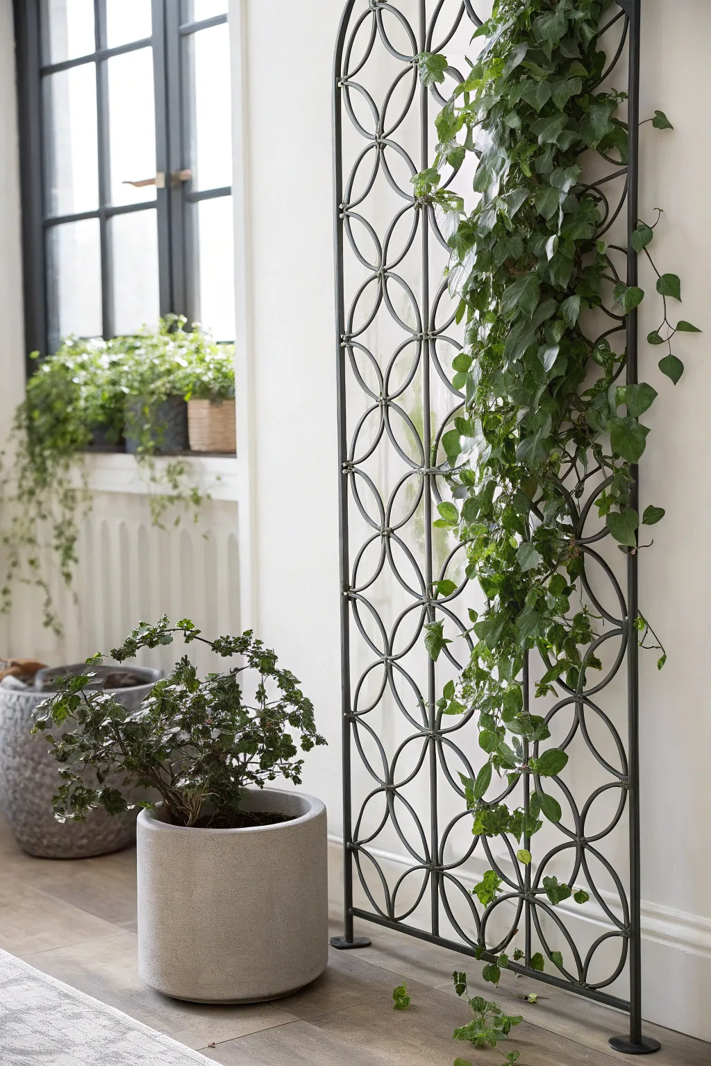 Transform your indoor garden with chic metal grates for a stylish trellis solution.