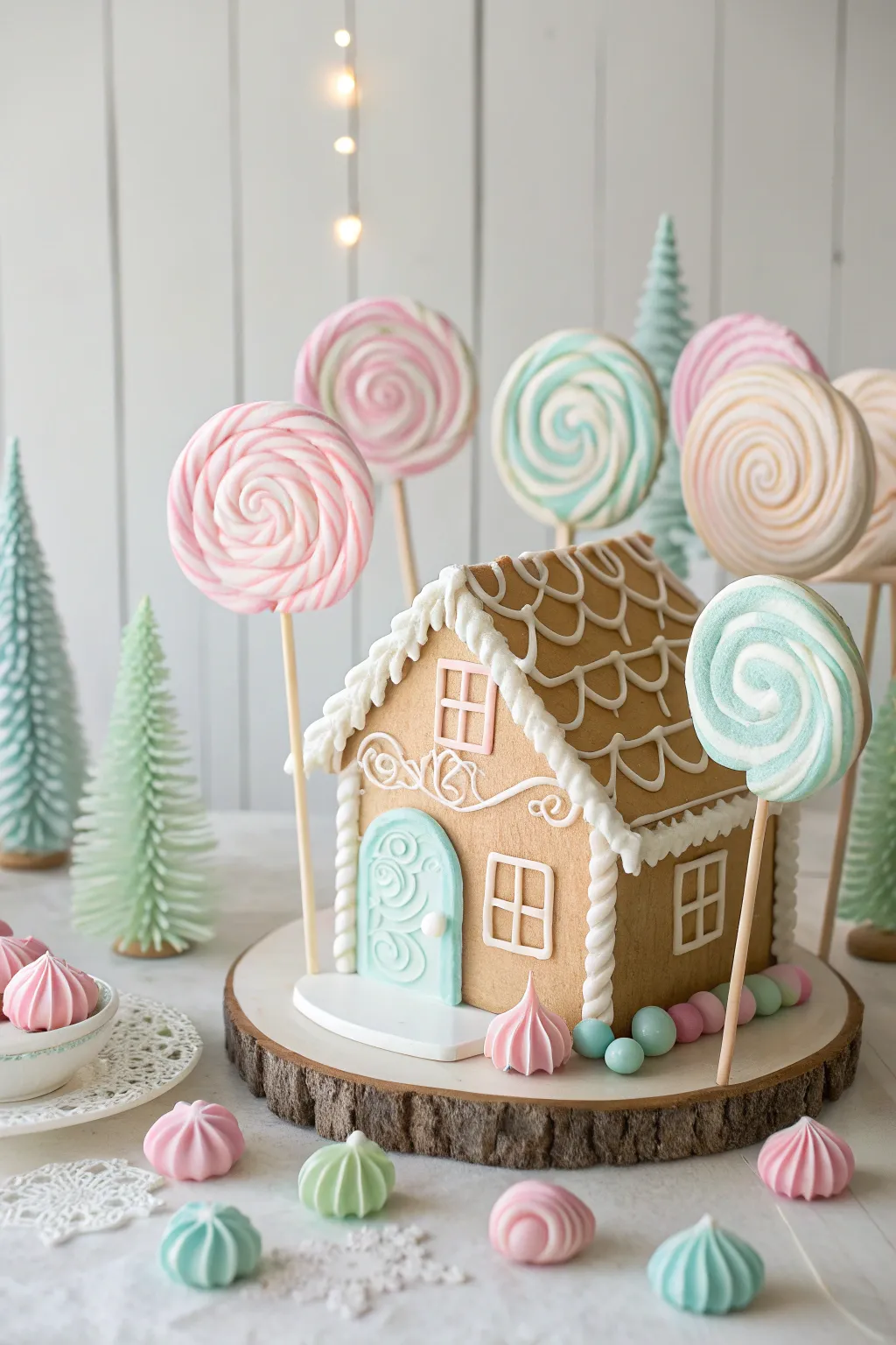 Step into a whimsical world with this enchanting lollipop forest around a minimalist gingerbread house. 🍭✨ #GingerbreadHome #ScandiBoho