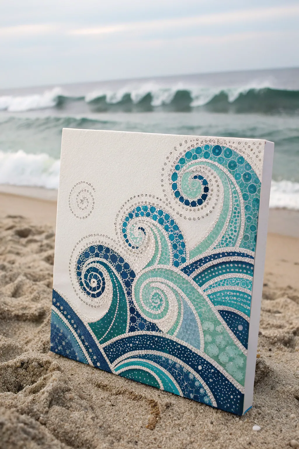 Embrace the calming rhythm of the ocean with this minimalist pointillism masterpiece.