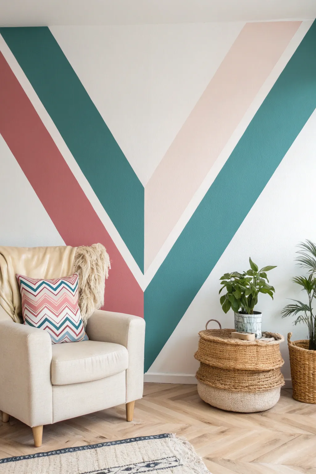 Transform your space with striking V-patterns and bold colors for a chic, minimalist touch. 🎨✨ #WallDesign #MinimalistDecor #ScandiBoho