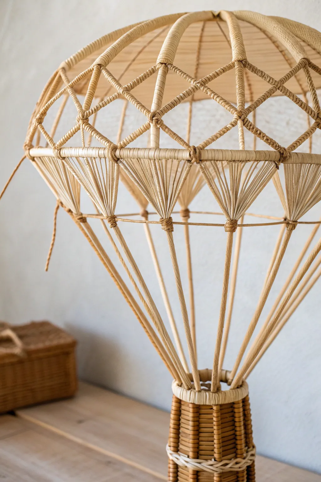 Discover the art of structure with this chic straw parachute design. Embrace simplicity and craftsmanship.