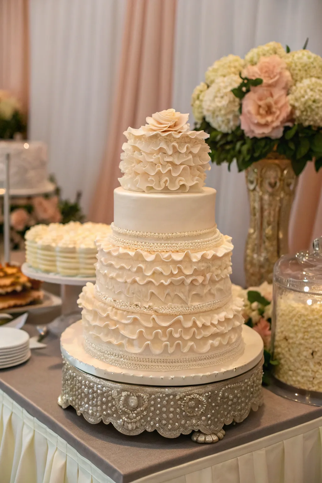 A sophisticated cake with elegant ruffled fondant layers.