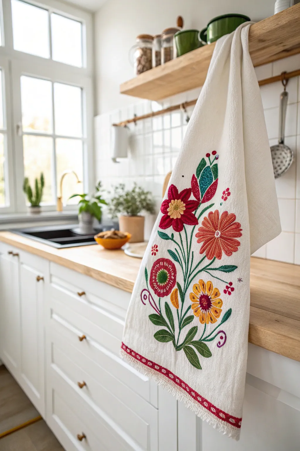Add a touch of floral elegance to your kitchen with these beautifully embroidered tea towels.