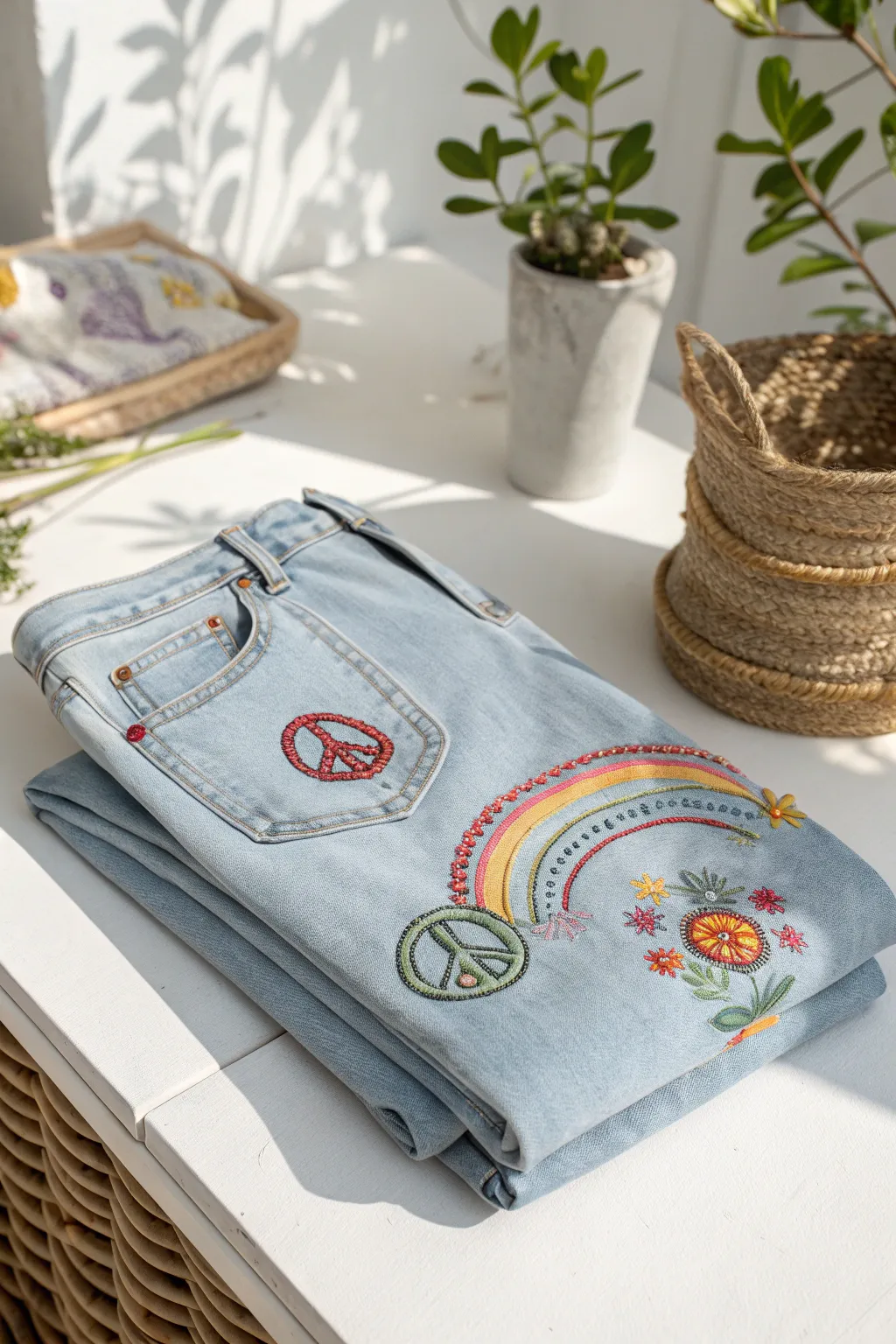 Revive retro charm with playful embroidered designs on denim, where nostalgia meets modern simplicity.