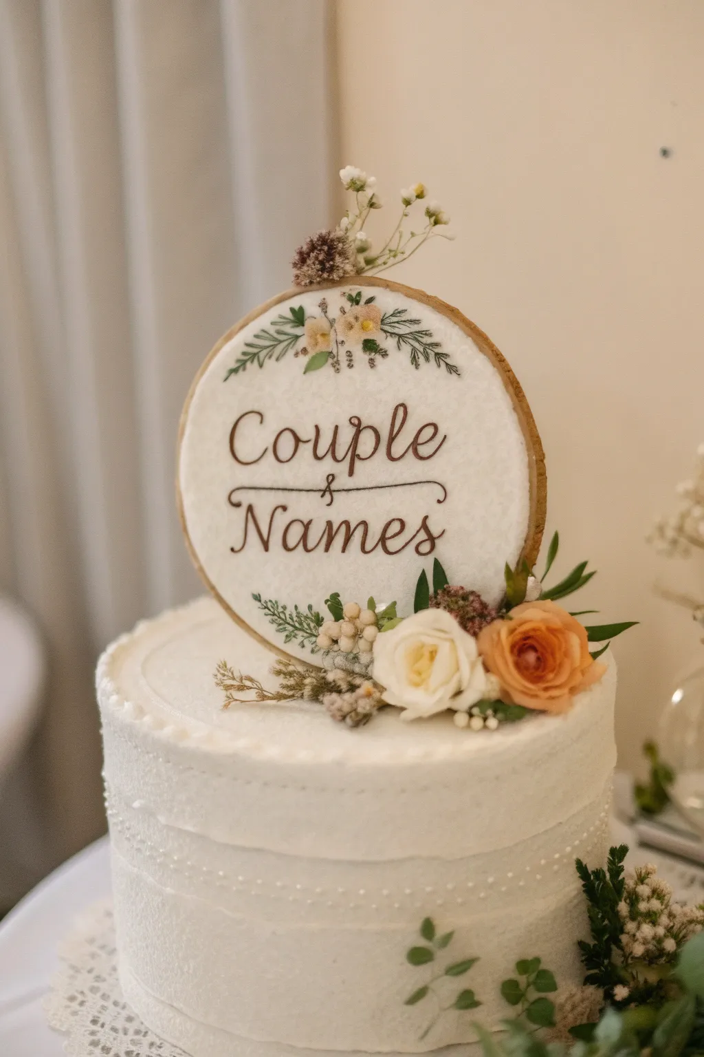 Add a personal touch to your special day with a handcrafted embroidered cake topper.