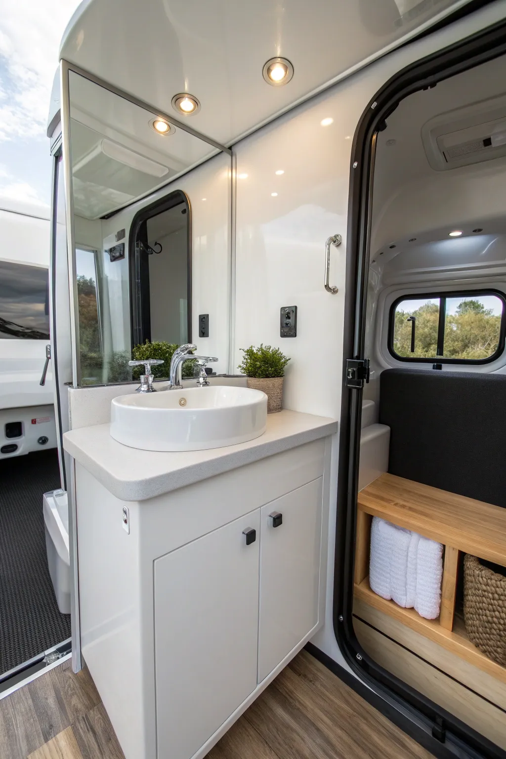 Less is more: Embrace minimalist elegance in your trailer bathroom for a stylish, functional space.