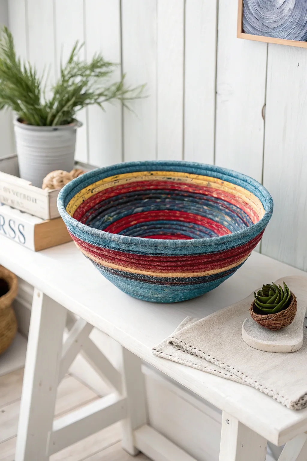 Transform your entryway with an upcycled masterpiece—where sustainability meets artistry in every vibrant layer.