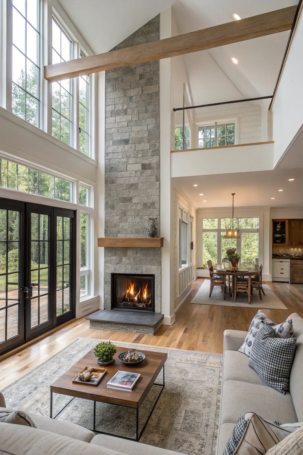 A double-sided fireplace providing warmth to two rooms in an open-concept home.