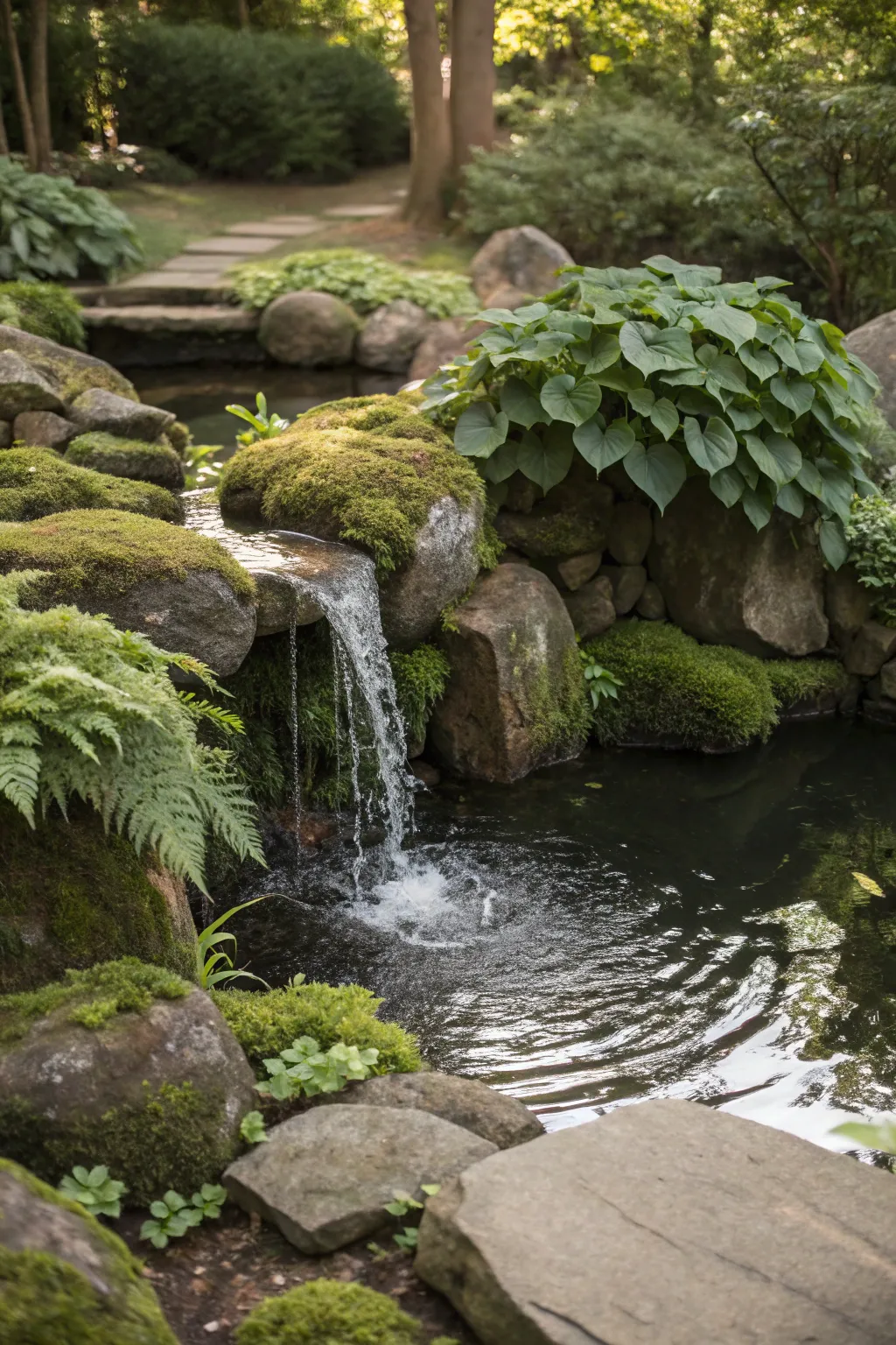 Embrace tranquility with a soothing waterfall feature in your fairy garden pond.