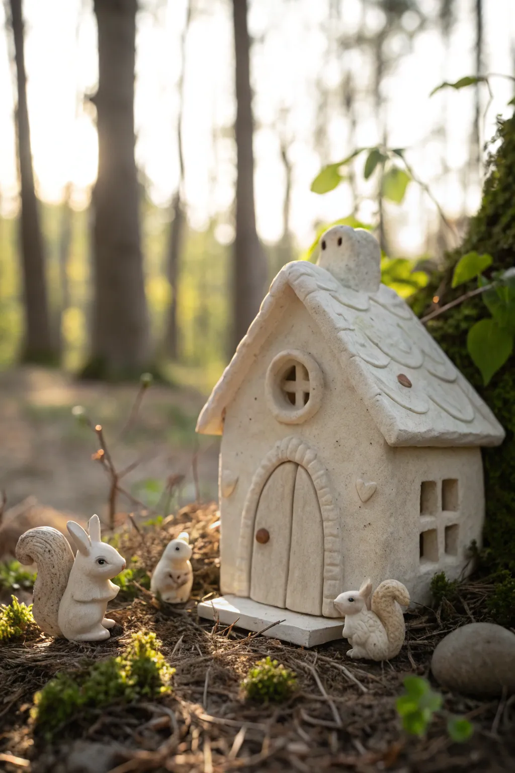 Discover the charm of whimsical woodland dwellers with this minimalist fairy house adorned by tiny clay creatures.
