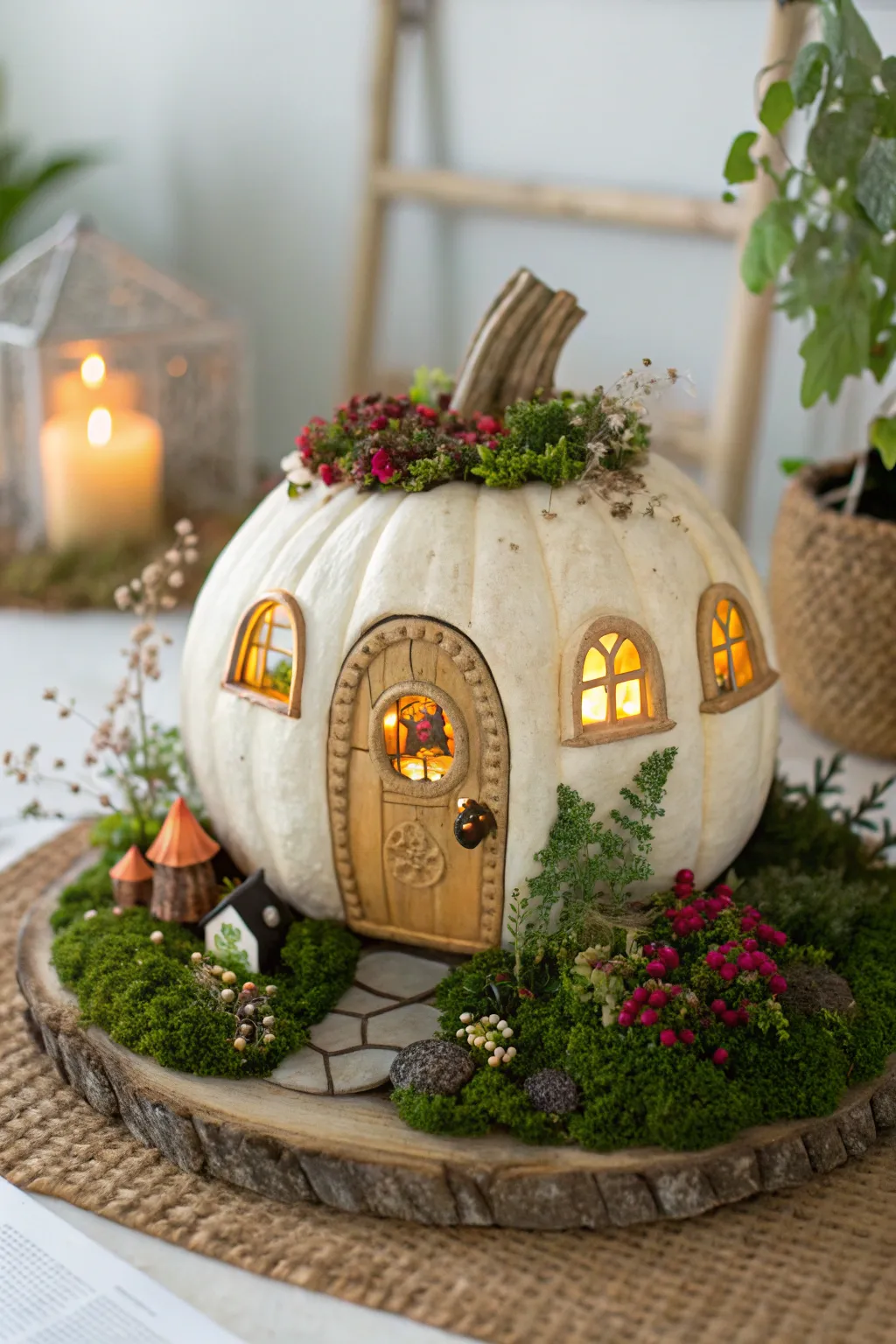 Create a magical retreat with a fairy house pumpkin, nestled in a charming miniature garden.