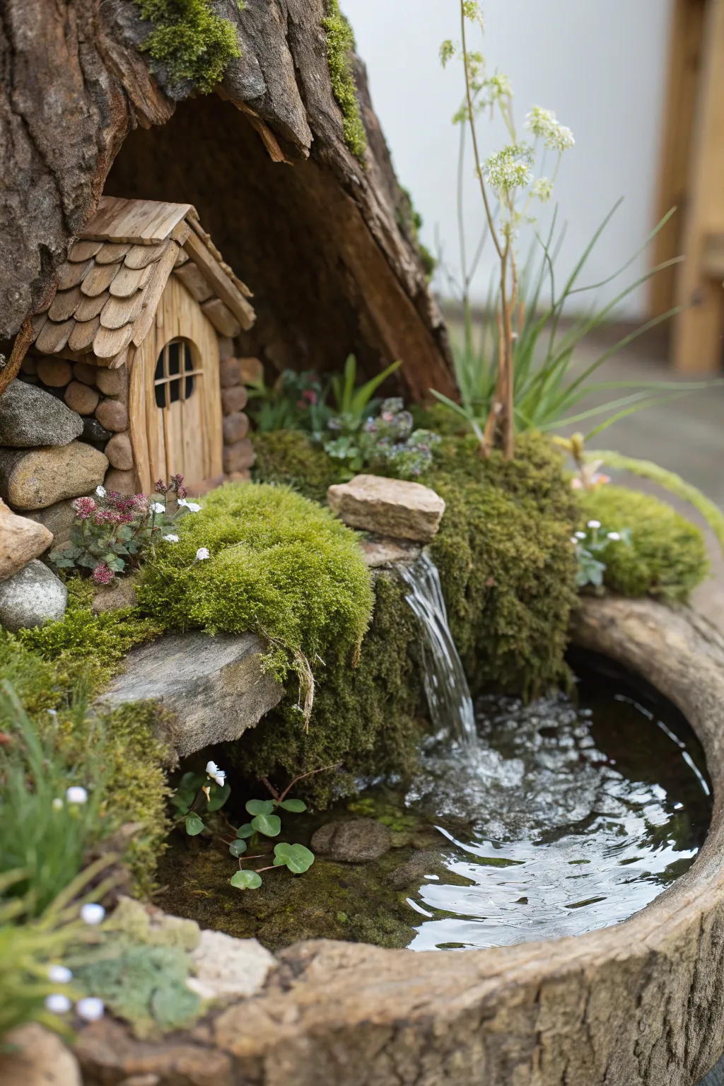 Discover tranquility in miniature: a serene water feature for your fairy garden.