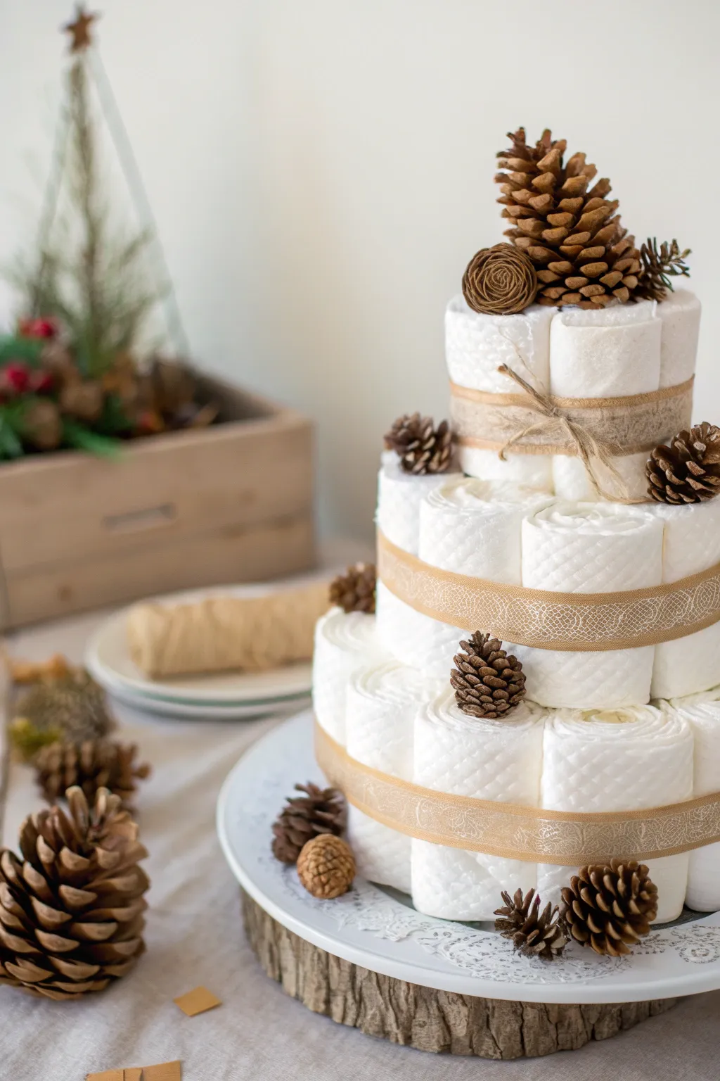 Embrace the essence of autumn with this charming pinecone diaper cake, a perfect blend of simplicity and natural beauty.