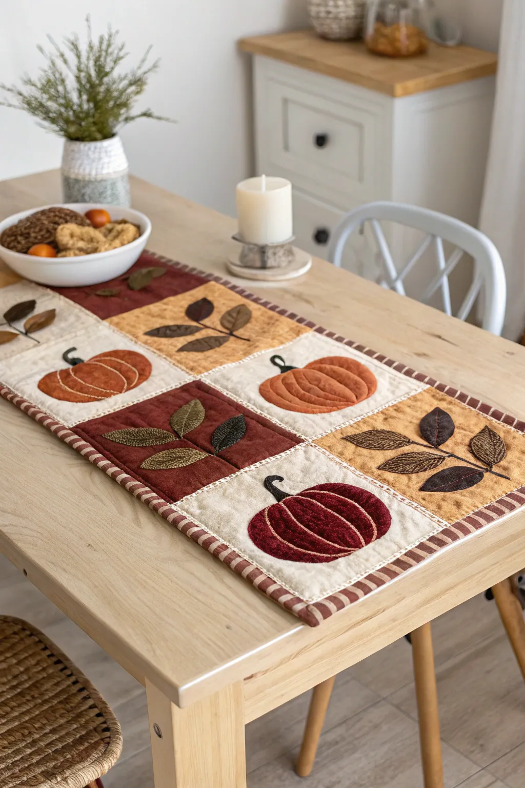 Bring the warmth of fall to your home with this charming patchwork pumpkin table runner, a perfect blend of simplicity and artistry.