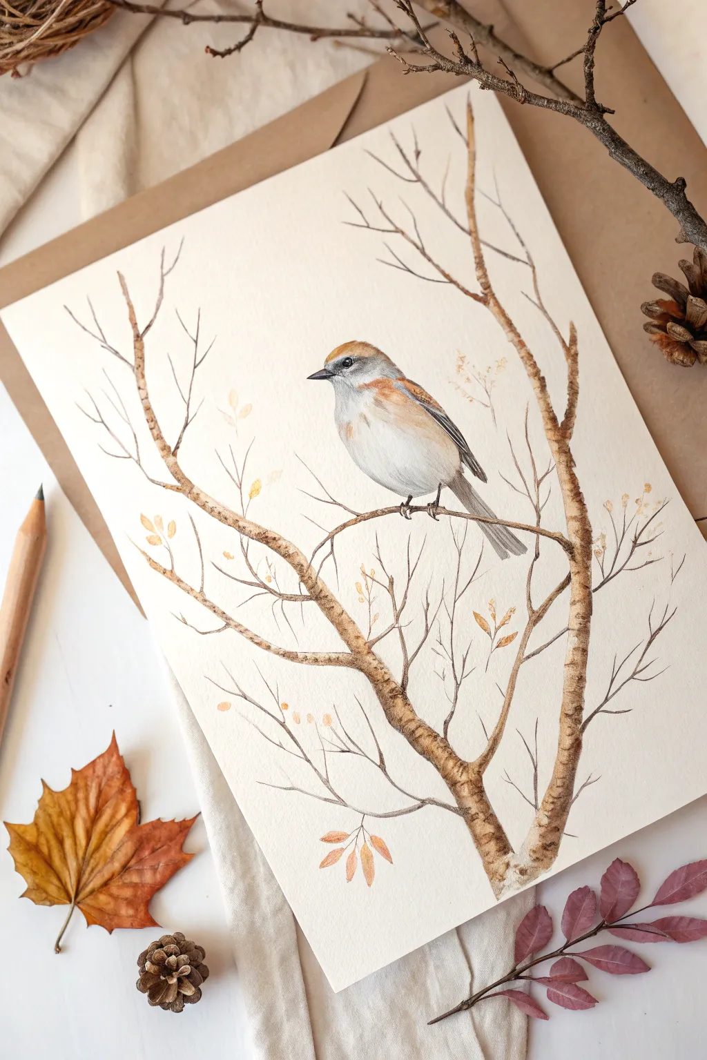 Embrace the serene beauty of fall with birds among branches, where nature's simplicity meets artistic elegance.
