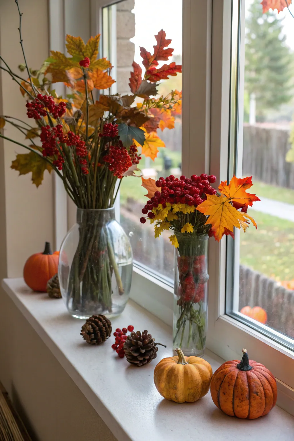 Vibrant berry arrangements add color to fall windows.