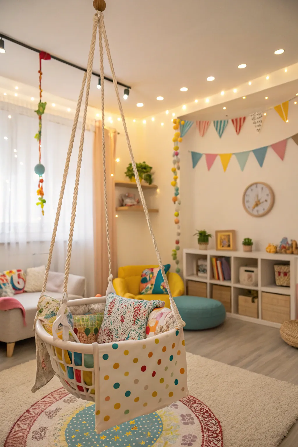 A swing or hammock chair adds a playful touch to the playroom.