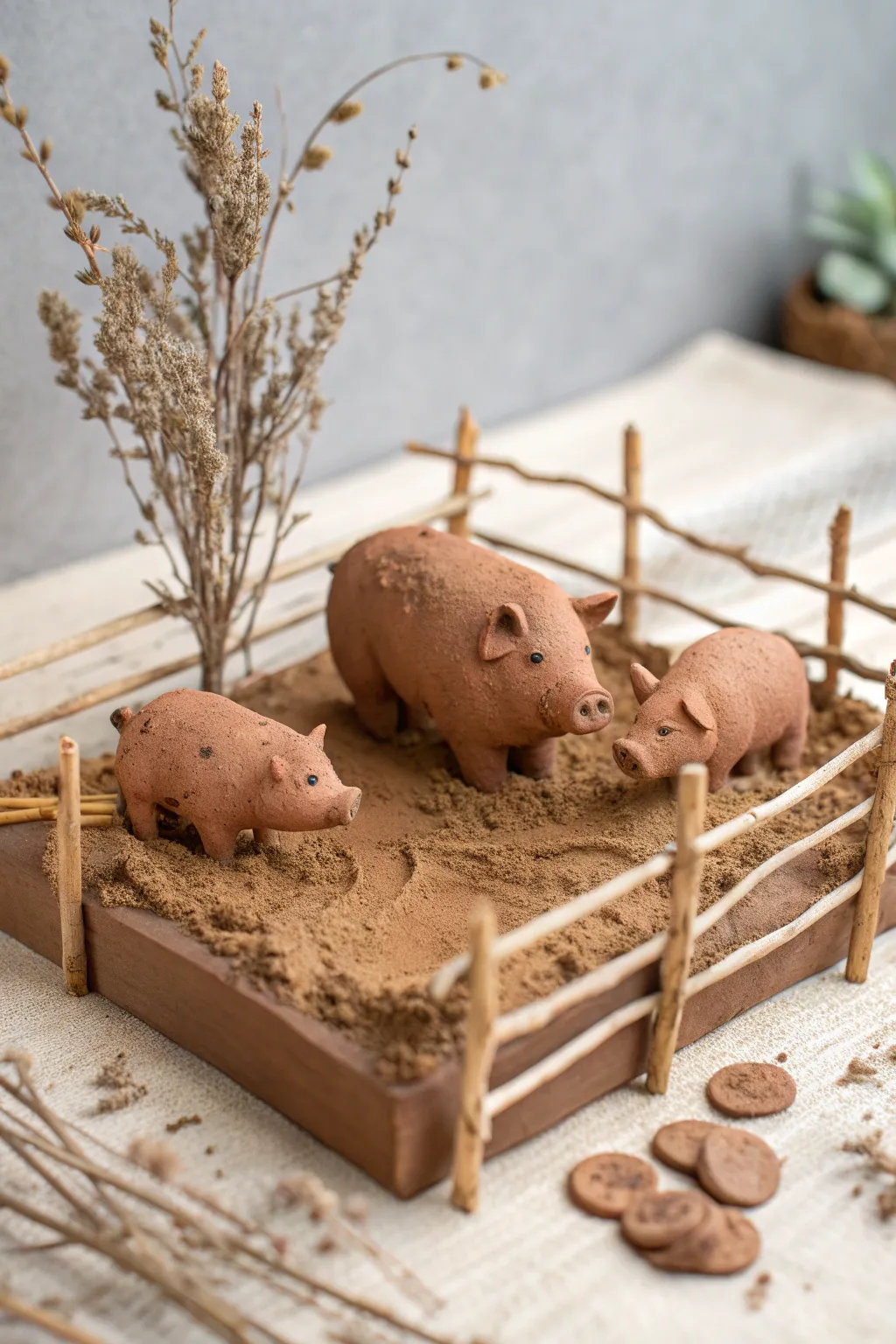Adorable clay piglets in their minimalist boho pig pen — a perfect blend of playfulness and artistry.