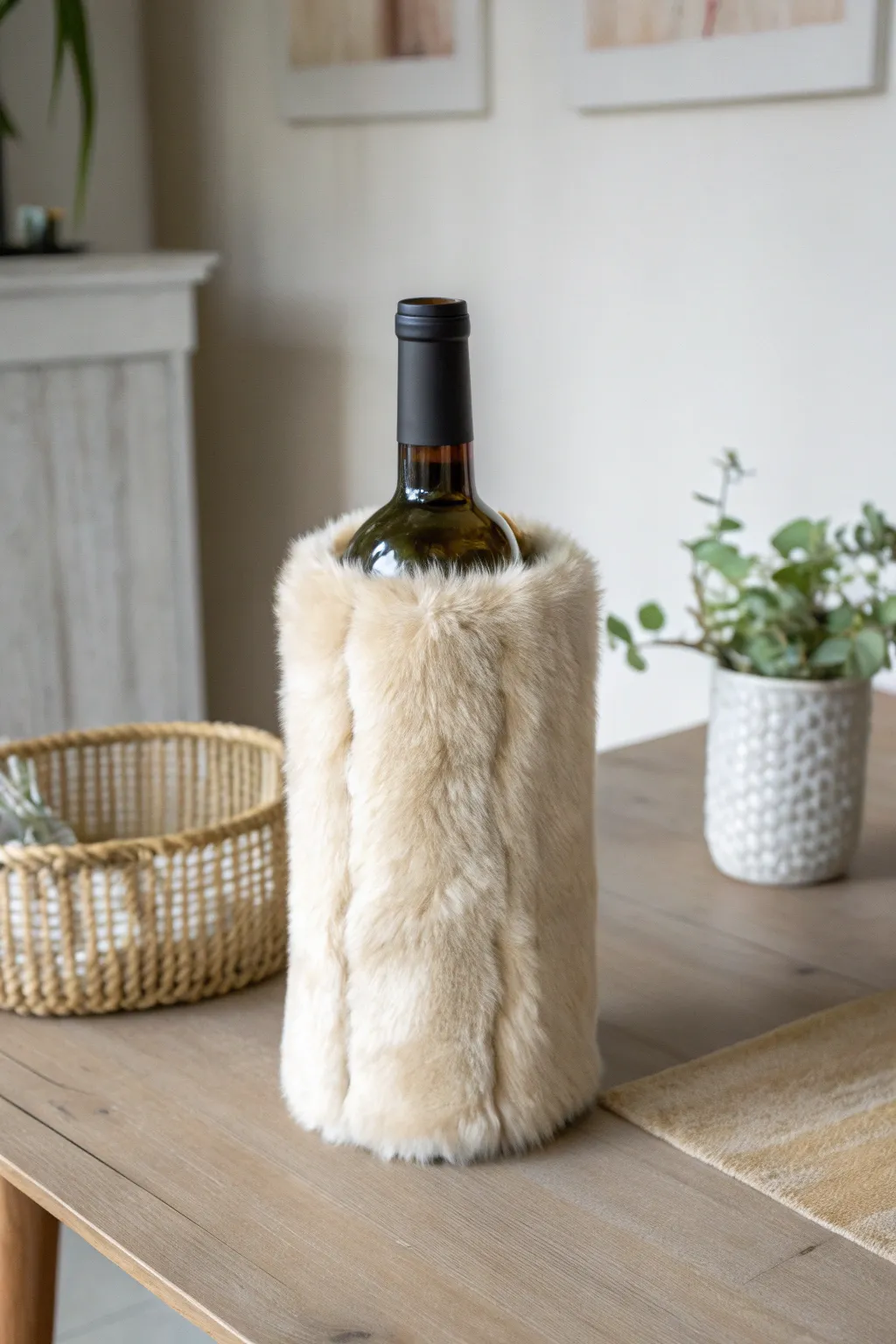 Wrap your wine in style with a chic faux fur cover, the perfect blend of elegance and coziness for your holiday celebrations.