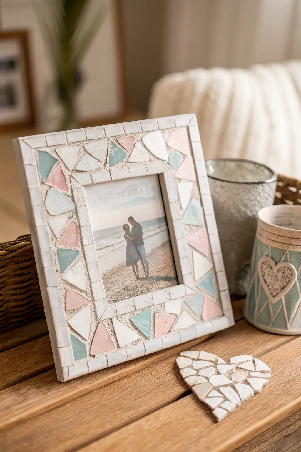 Crafted with love: A heart mosaic frame capturing cherished moments. 💕