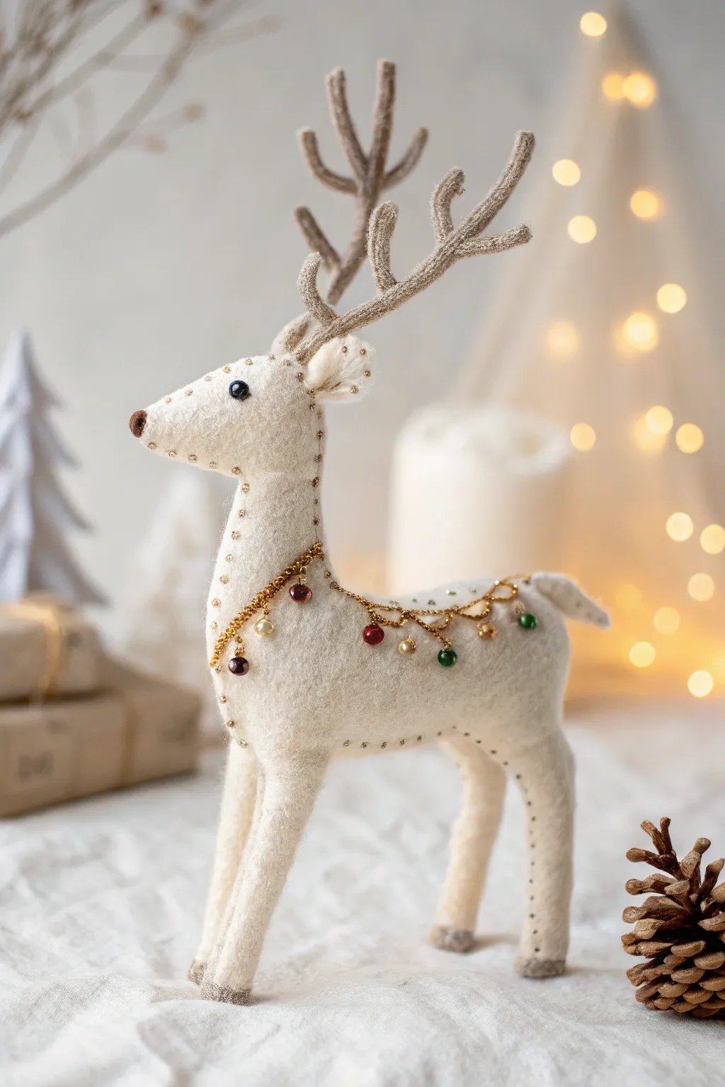Embrace holiday charm with this delightful felt reindeer, a perfect blend of minimalist elegance and boho whimsy.