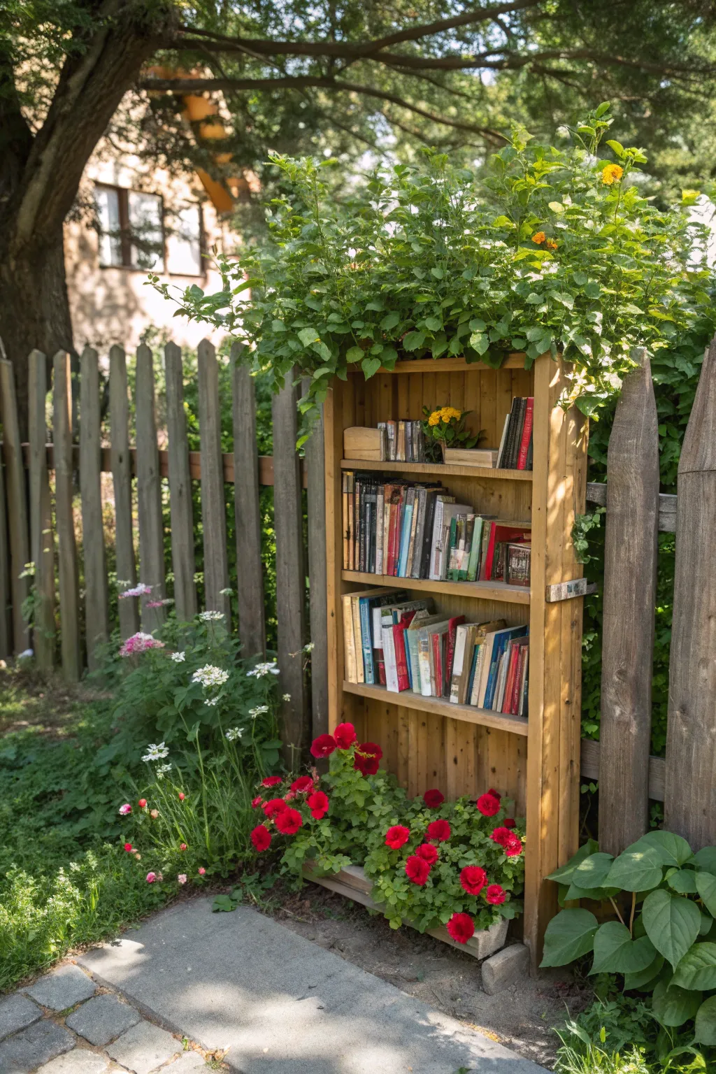 Transform your fence into a stylish sanctuary with this nature-inspired bookshelf, where the beauty of craftsmanship meets the tranquility of the outdoors.