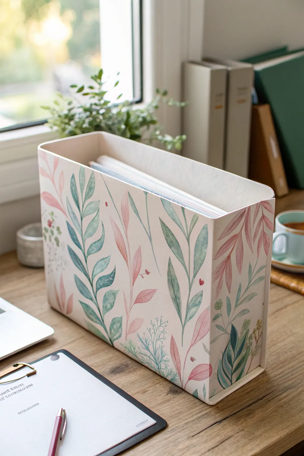 Elevate your workspace with the serene elegance of watercolor patterns on minimalist file folders.