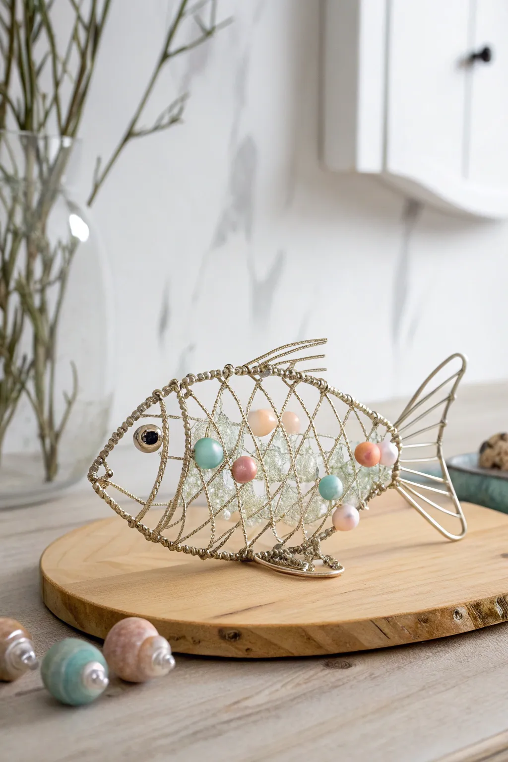 Dive into the beauty of simplicity with this wire and bead fish sculpture, where elegance meets craftsmanship.