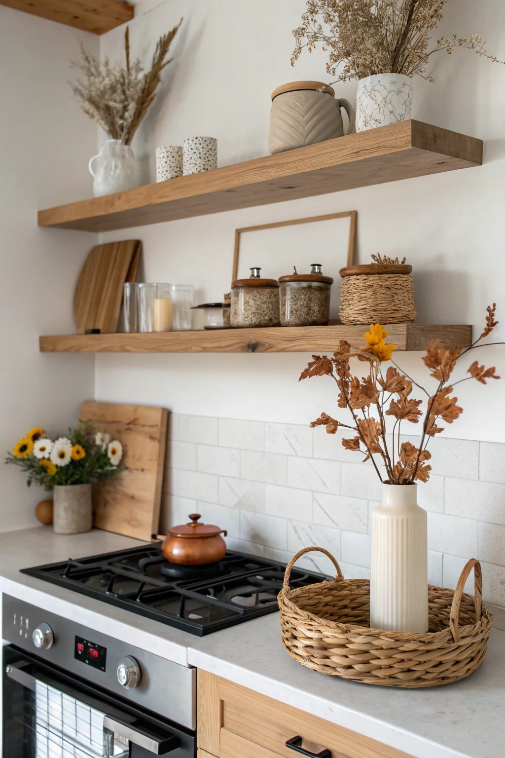 Elevate your kitchen space with floating shelves and seasonal accents, blending Scandinavian simplicity with Boho charm. 🍂✨