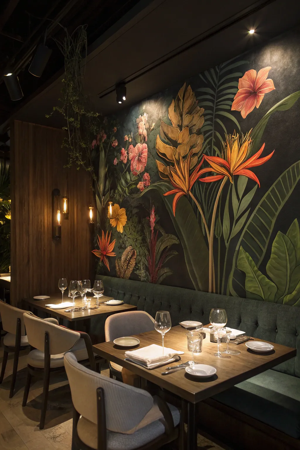 A tropical night bloom mural sets a mysterious and elegant tone.