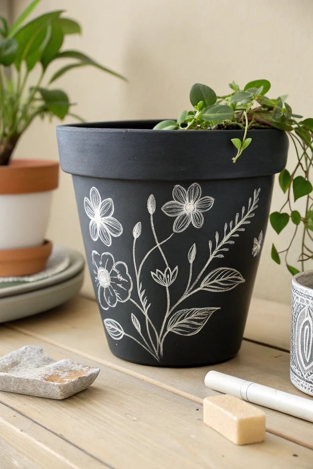 Transform your flower pot into a dynamic canvas with chalkboard paint—create, erase, and recreate endlessly!