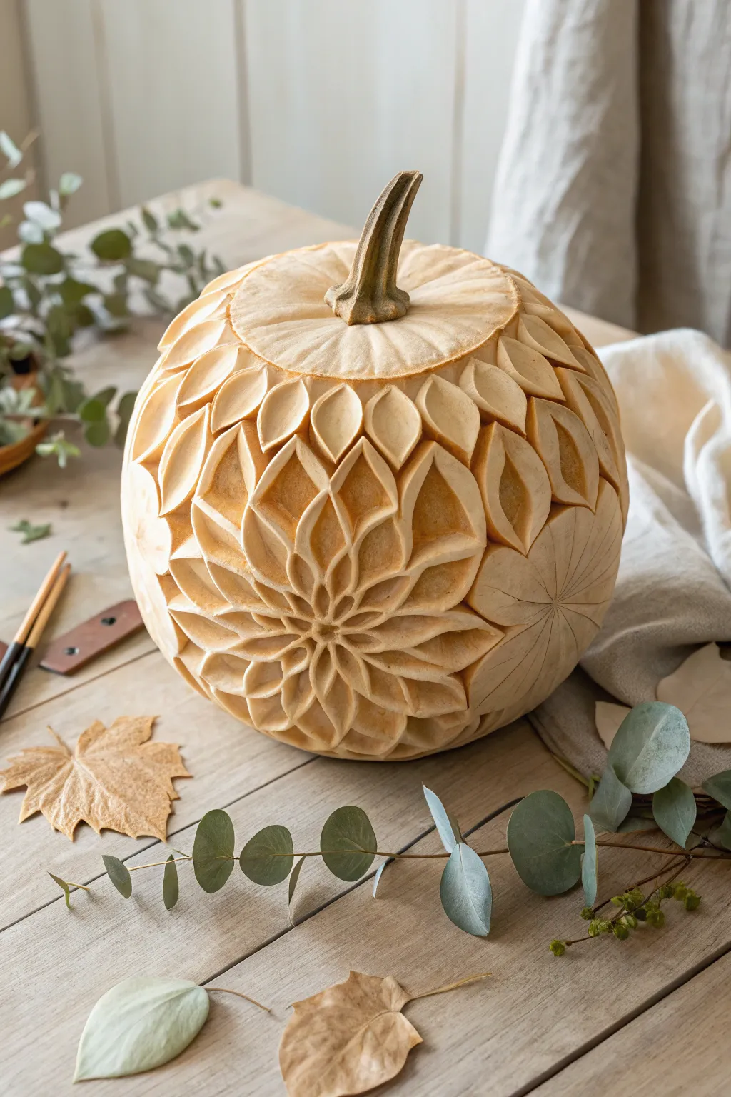 Embrace the art of flower pumpkin carving with intricate petal patterns that bring depth and elegance to your autumn decor.