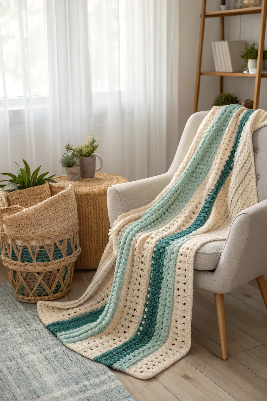 Wrap yourself in the serene beauty of seaside stripes, where every stitch whispers of coastal dreams. 🌊 #CoastalComfort #CrochetArtistry