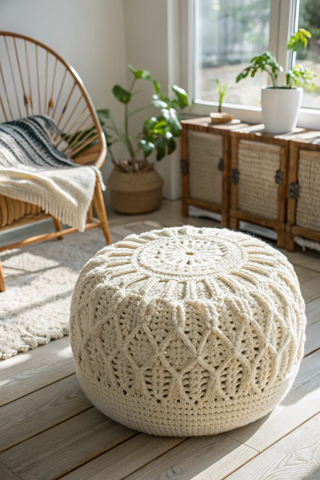 Elevate your space with a chic crochet pouf – the perfect blend of function and style!
