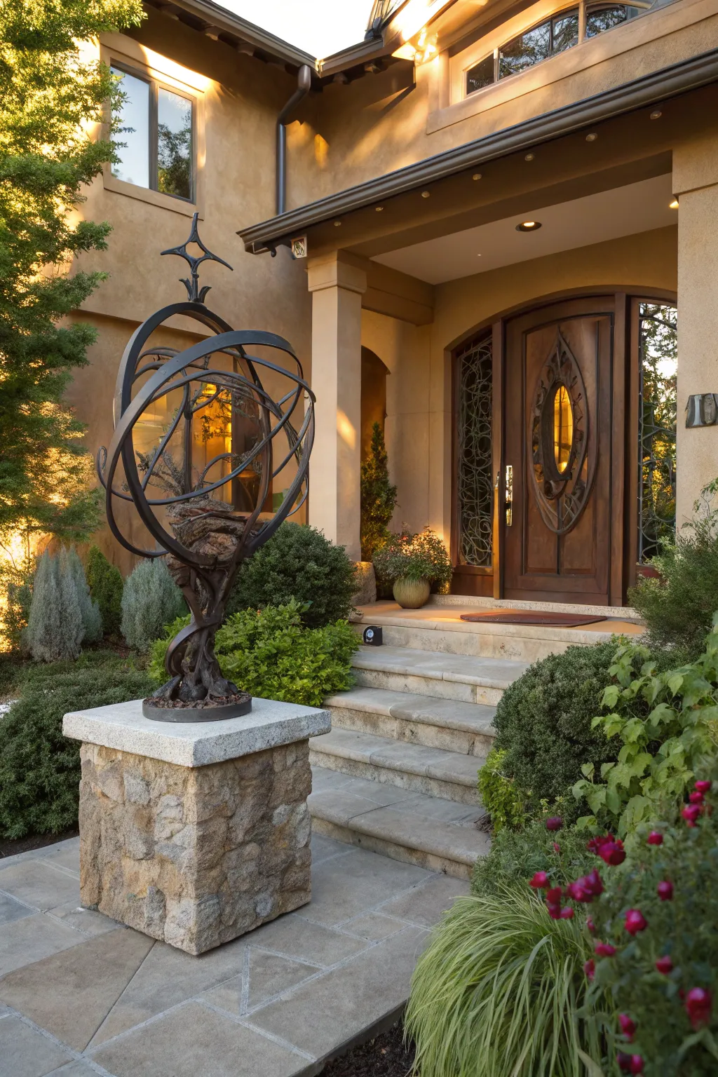 Elevate your entryway with bold craftsmanship: an outdoor art display that speaks volumes.