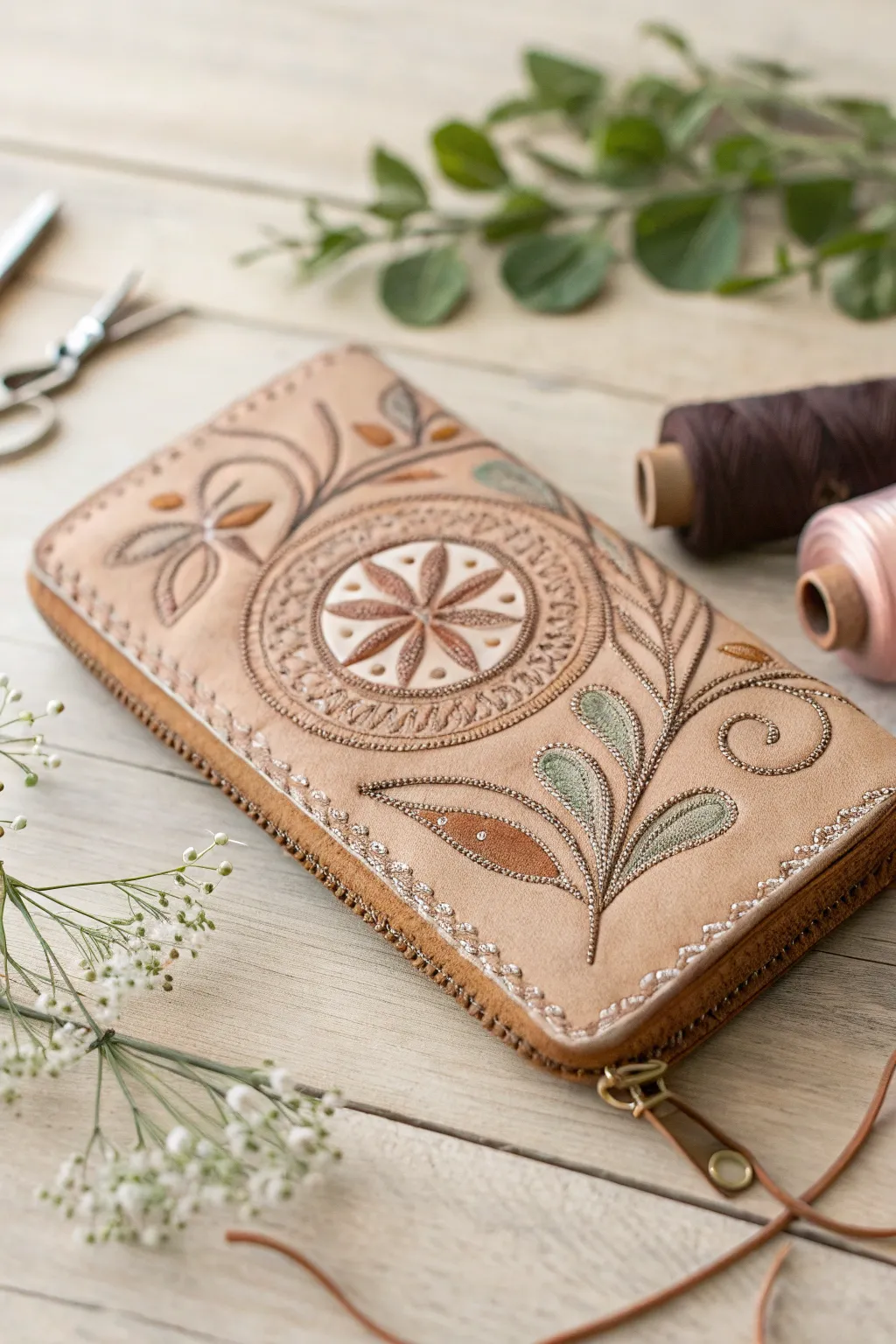 Craftsmanship meets elegance: Embroidered leather accessories for a unique touch.
