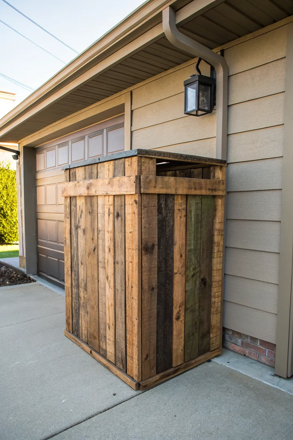 Transform your garage with a rustic touch: Reclaimed wood for an eco-friendly trash can enclosure.