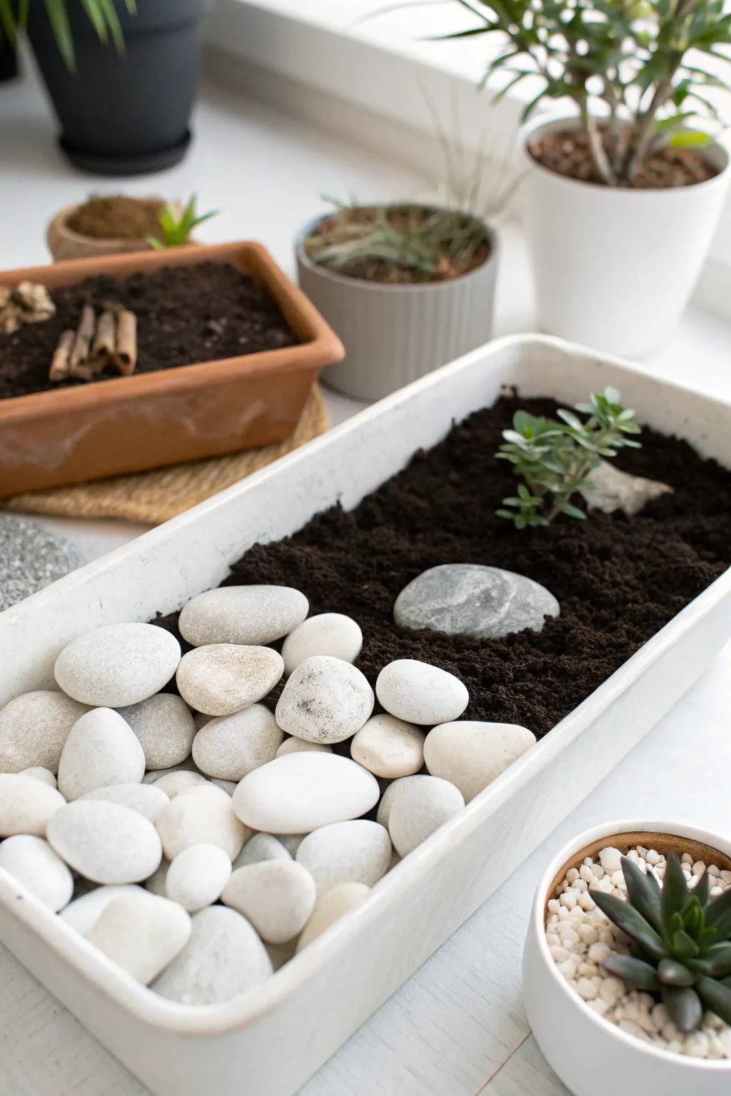Explore the beauty of contrasting textures with this minimalist garden sensory bin. A perfect blend of smooth pebbles and rough mulch for a sensory delight.