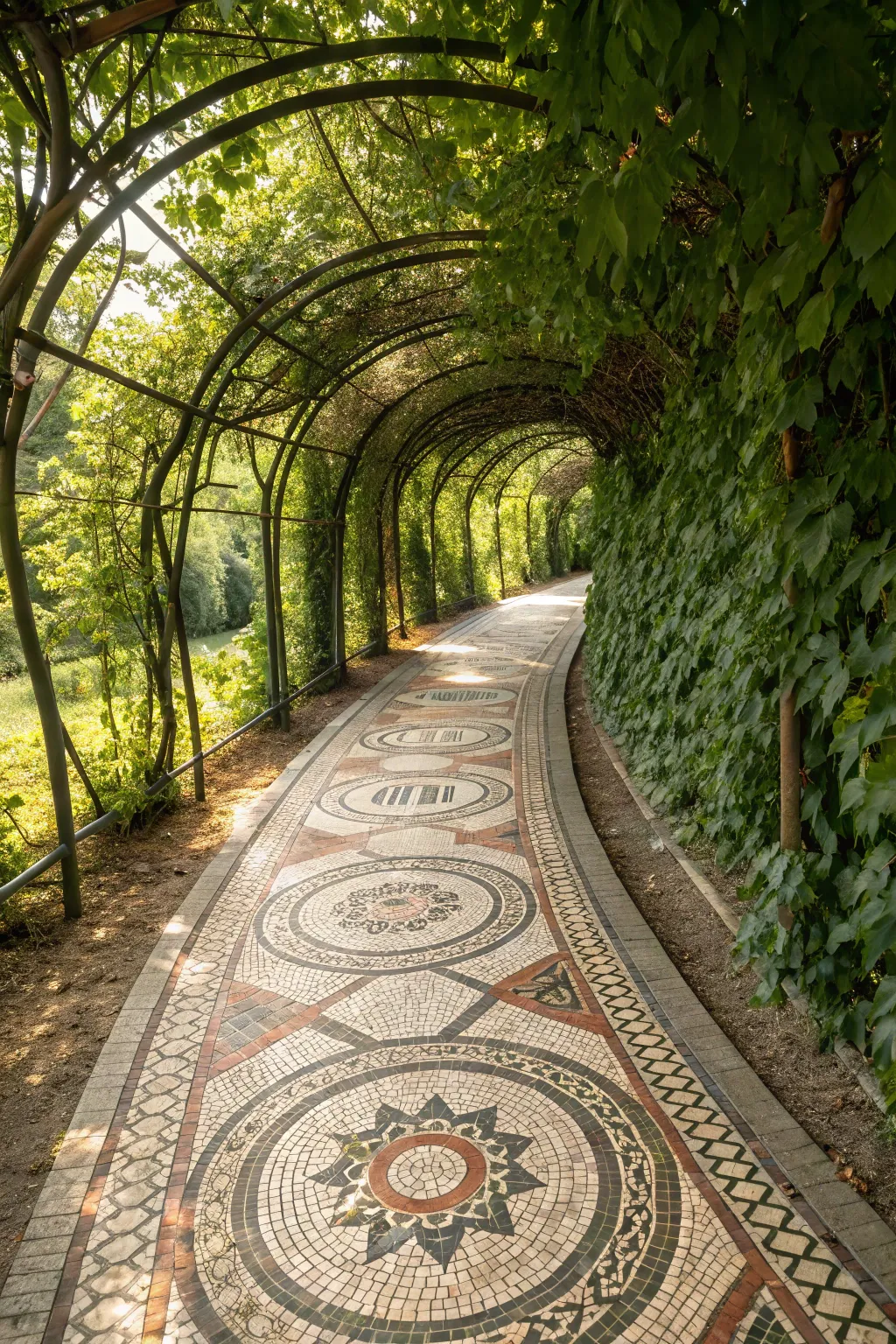 Step into a world of creativity with this enchanting mosaic pathway under a garden tunnel, where each tile tells a story of artistry and nature.