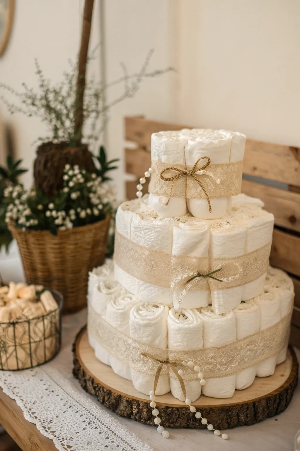 Embrace timeless charm with a vintage-inspired diaper cake.
